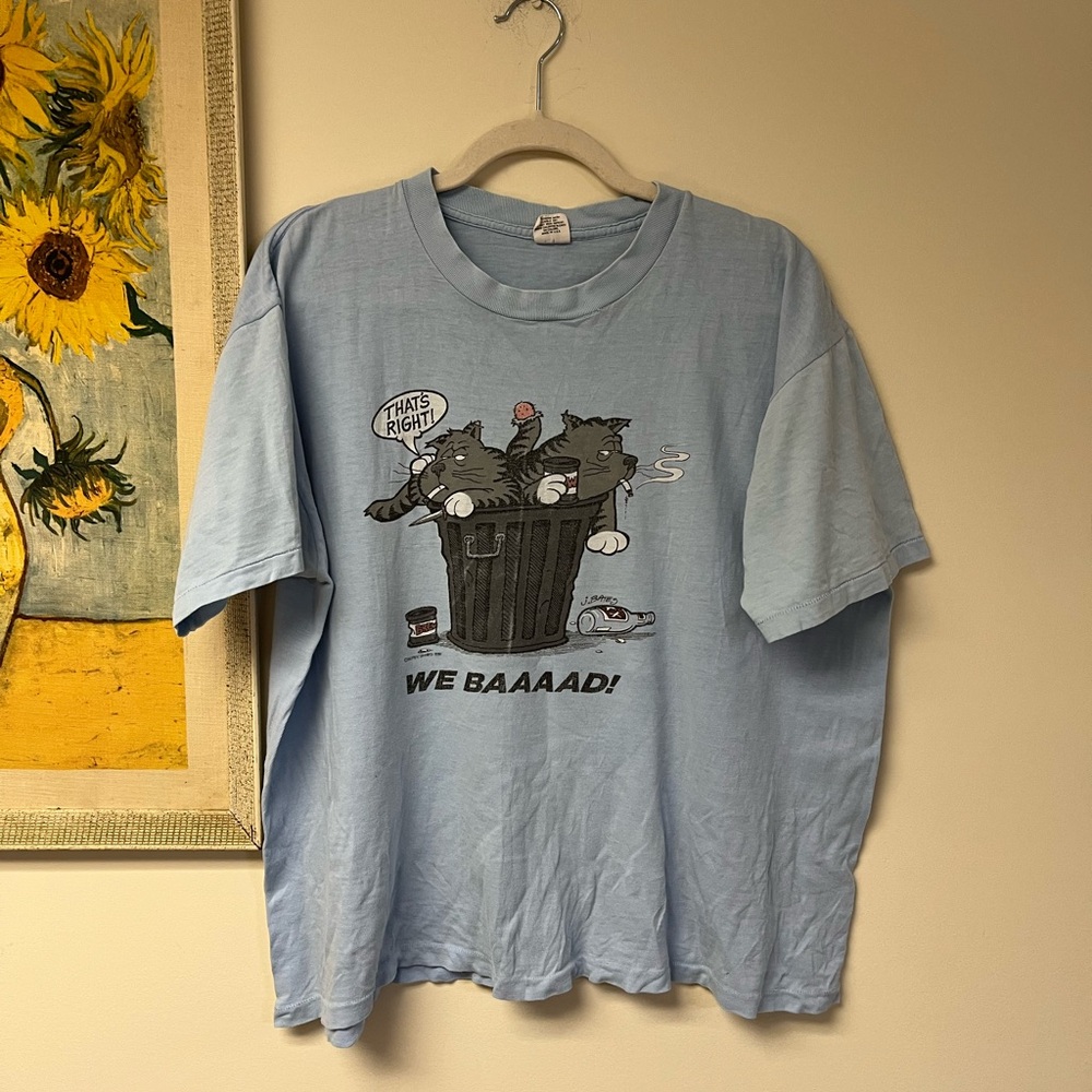 Vintage J. Bates “We bad” cat Blue Short Sleeve Tee Graphic Print
